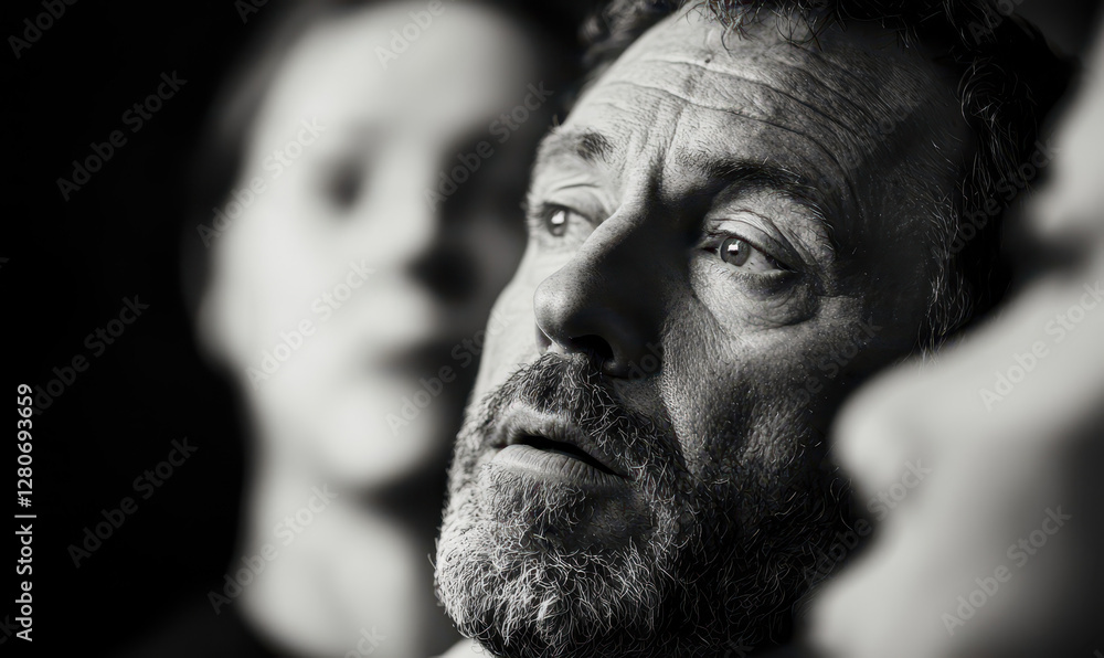 Poster exploring the depths of emotion: a black and white portrait capturing human introspection and connec