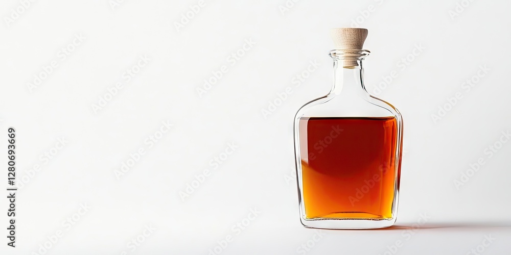 Poster Glass bottle filled with amber syrup on a white background with ample copy space positioned on the right side for text overlay and design use.