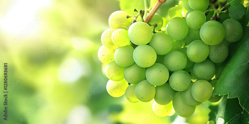 Poster lush green grape bunch illuminated by soft sunlight with blurred green foliage background showcasing