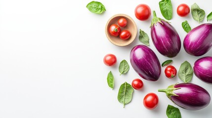 Eggplants and Red Tomatoes Arranged with Basil Leaves on a White Surface for Culinary Art
