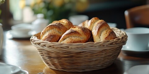 Freshly baked golden croissants in a woven basket on a wooden table with soft, natural light, surrounded by white tea cups and floral arrangement.