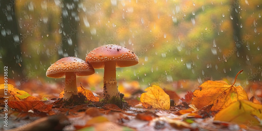 Aufkleber vibrant autumn forest scene featuring two fresh boletus mushrooms in the foreground surrounded by co