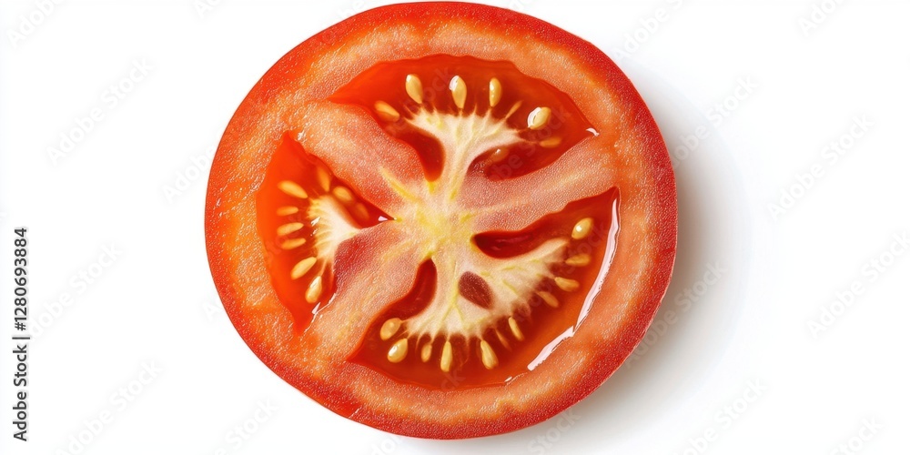 Poster vibrant red tomato slice on a clean white background showcasing glossy texture and detailed seeds po