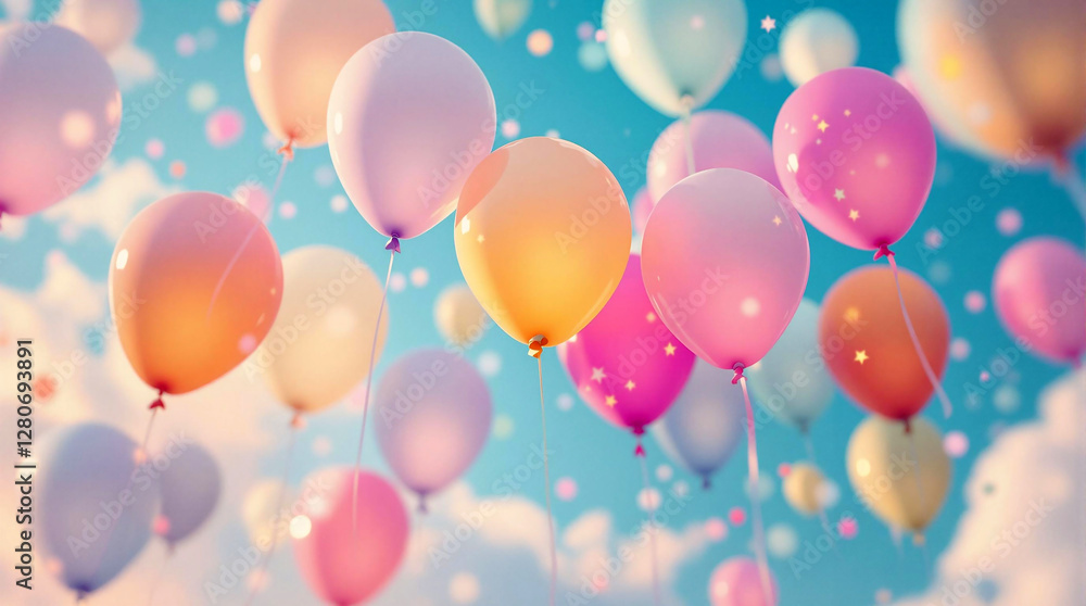 Poster a vibrant and dreamy scene of floating balloons against a backdrop of a bright blue sky with fluffy 