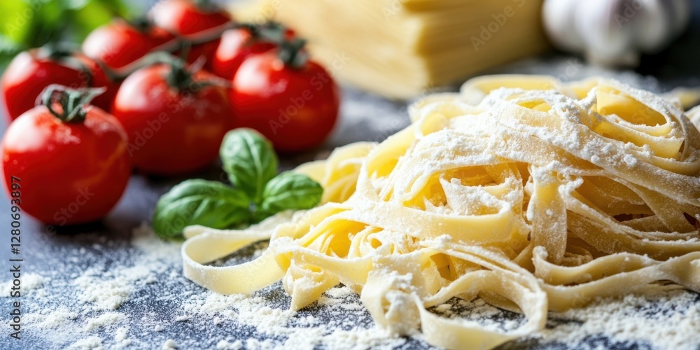 Aufkleber close up of freshly made pasta dough with ripe red tomatoes and green basil on a dark table with flo