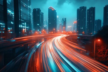 Obraz premium Dynamic Night Cityscape with Skyscrapers and Light Trails on Urban Highway Under Dramatic Sky
