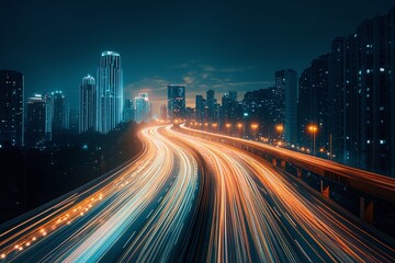 Vibrant Night Cityscape with Light Trails on Urban Highway and Illuminated Skyscrapers
