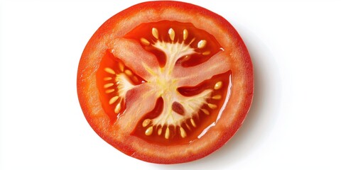 Vibrant red tomato slice on a clean white background showcasing glossy texture and detailed seeds positioned at the center of the image