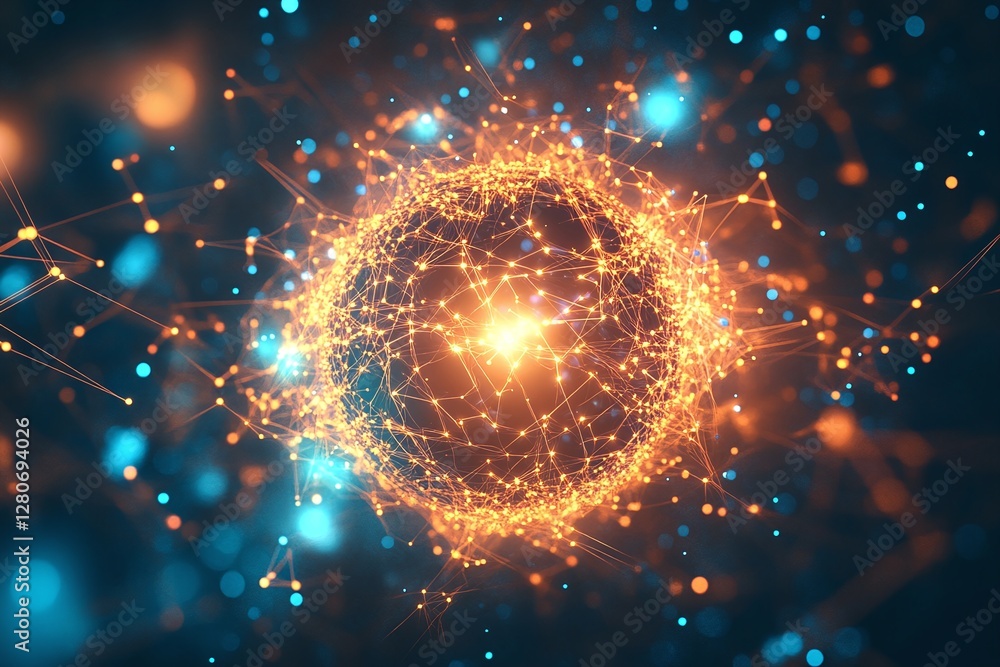 Poster glowing abstract network sphere with orange and blue lights on dark background for digital concepts
