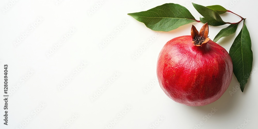 Poster ripe red pomegranate fruit positioned on the right with green leaves on a white background providing