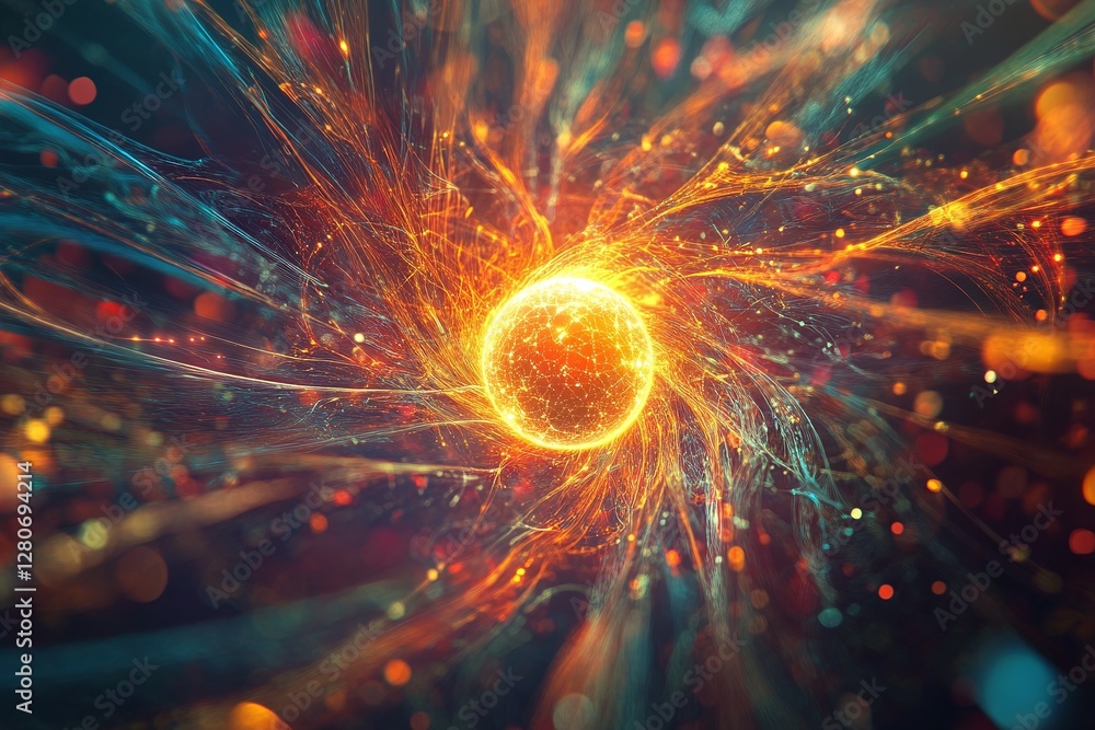 Aufkleber glowing orange energy sphere with dynamic particle trails and abstract background in vibrant colors