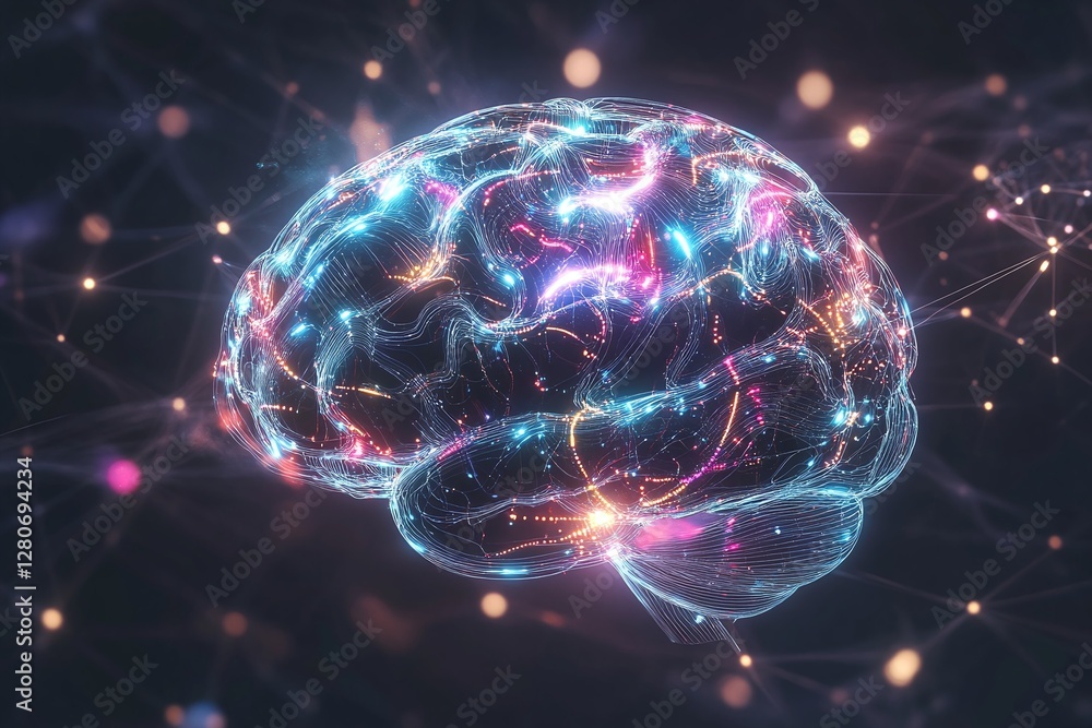Poster glowing digital brain with neural connections and vibrant light network on dark background