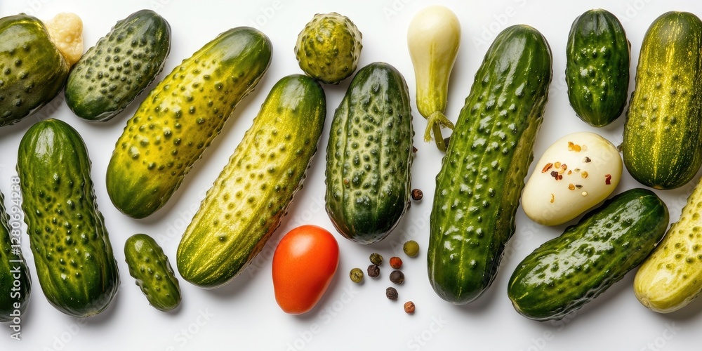 Poster Vibrant assortment of fresh cucumbers and gherkins in various shades of green positioned on a white background emphasizing textures and colors for culinary use