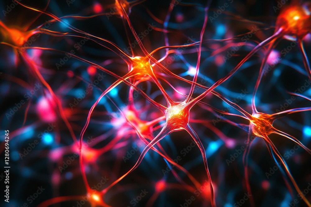 Poster glowing neural connections in a vibrant abstract dark background depicting brain activity and networ