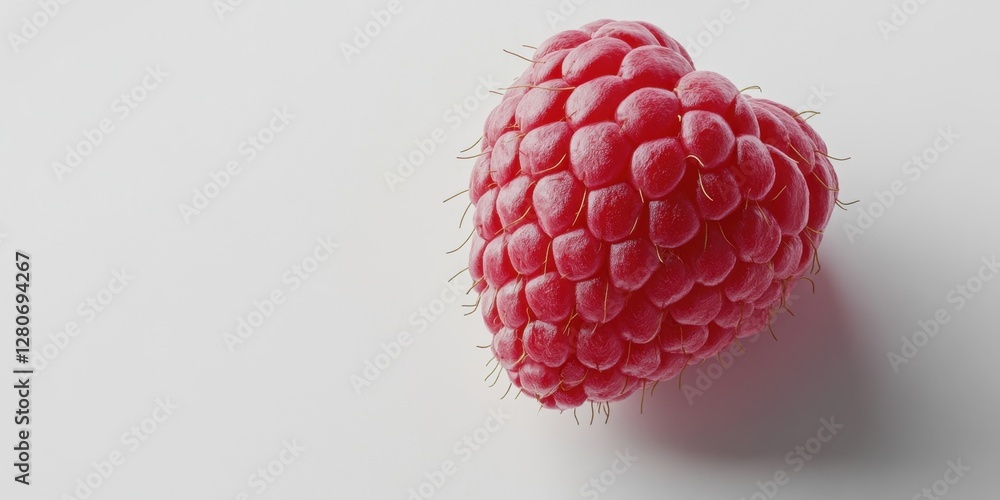 Poster Vibrant close-up of a single fresh raspberry with rich red color and detailed texture positioned slightly to the right on a white background