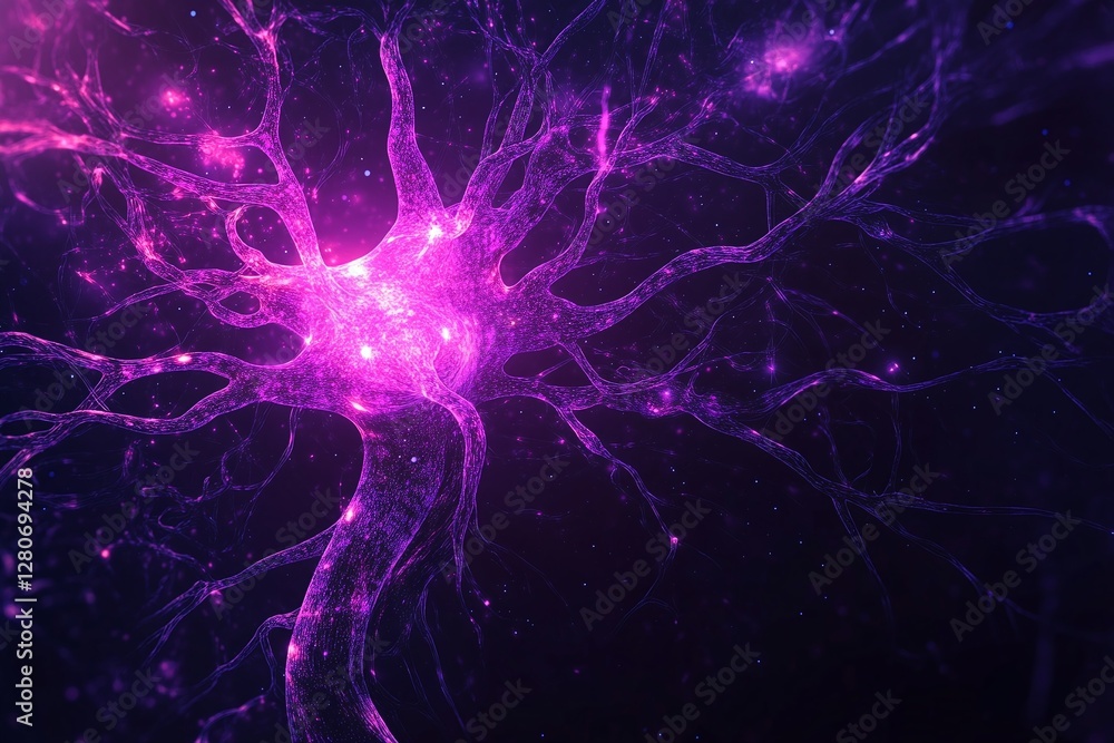 Poster purple glowing neural network representation with abstract sci fi aesthetic in dark background