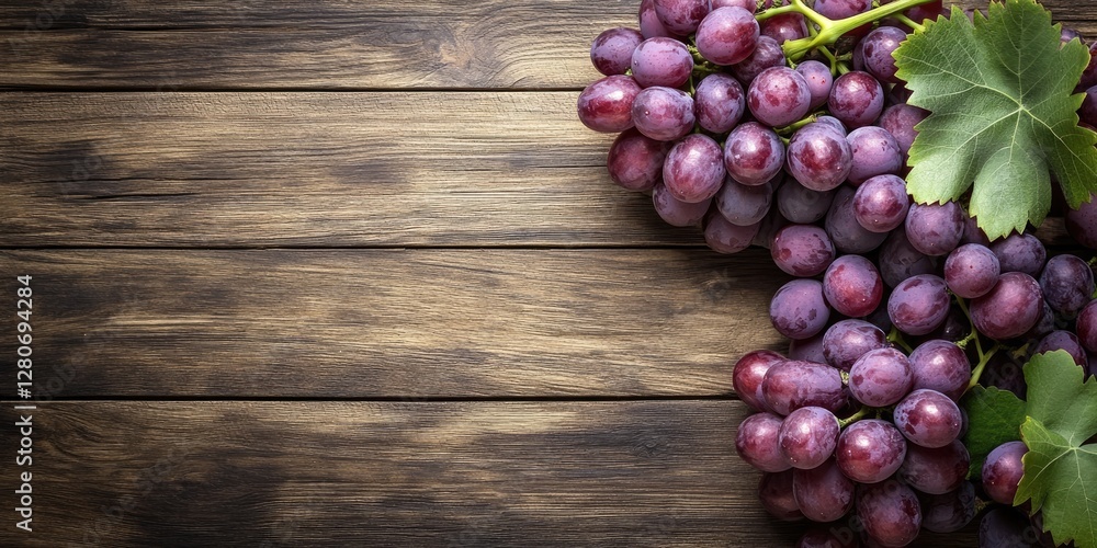 Poster fresh red grapes with green leaves arranged on a rustic wooden background, creating a vibrant contra