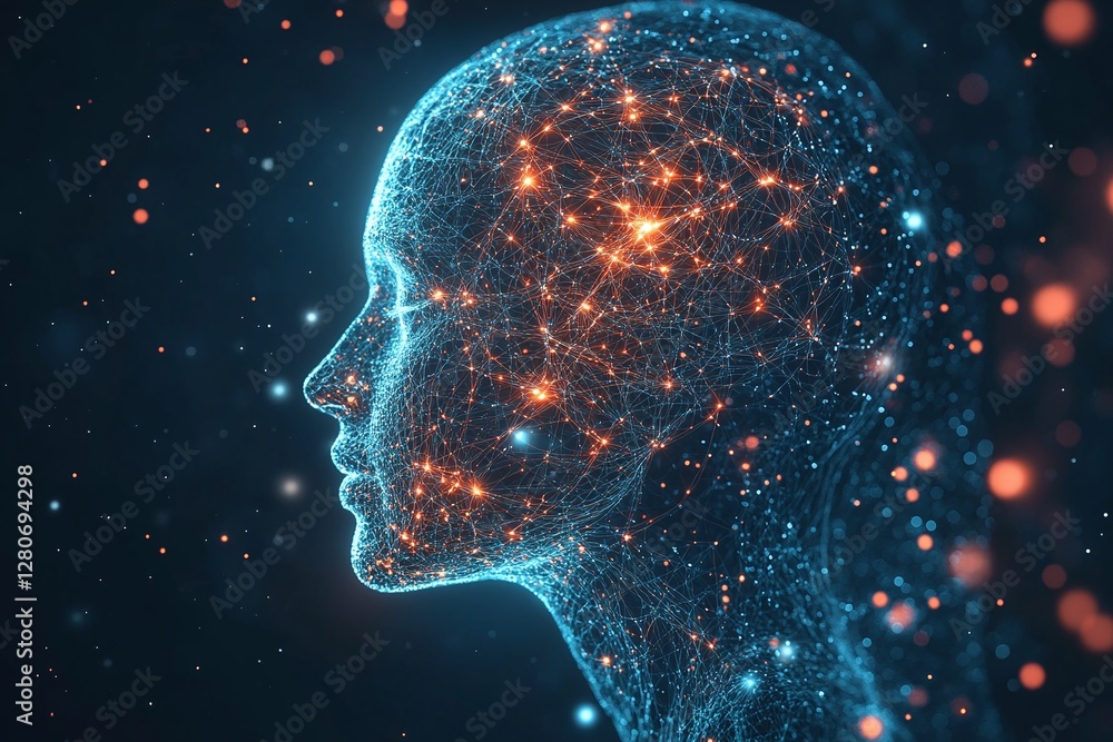 Poster artificial intelligence neural network digital human profile with glowing connections and dark backg