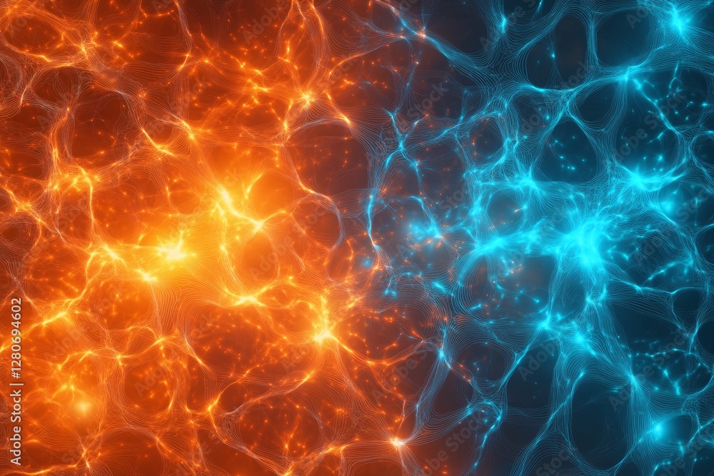 Poster vibrant abstract orange and blue neural network energy pattern on dark background for tech concepts