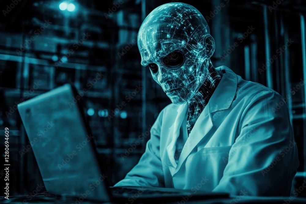 Poster futuristic humanoid figure analyzing data on a computer in a high-tech environment
