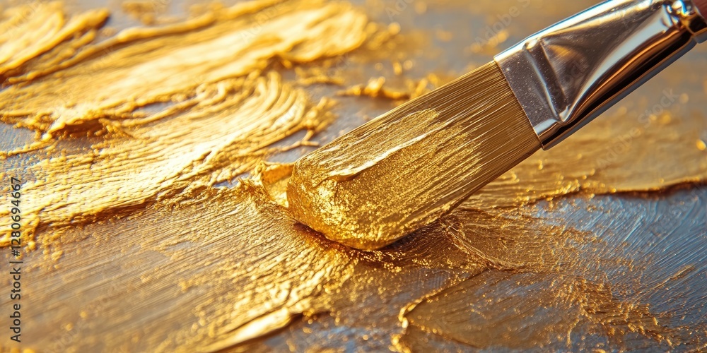 Poster golden brush strokes on a metallic surface with a silver background, emphasizing vibrant gold textur