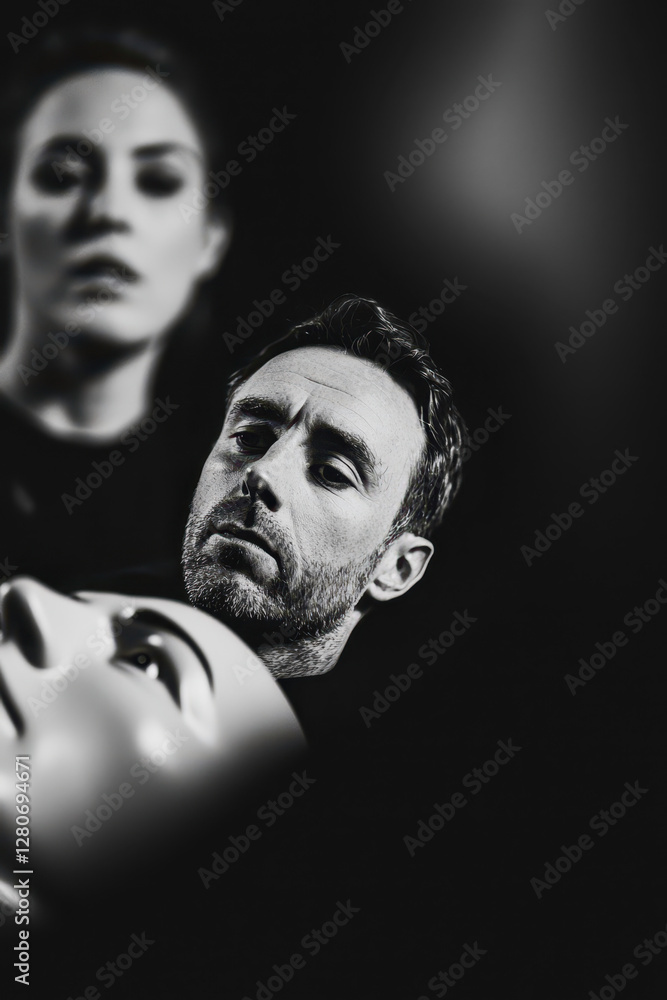 Poster exploring human emotion and identity through a captivating portrait: a black and white artistic repr