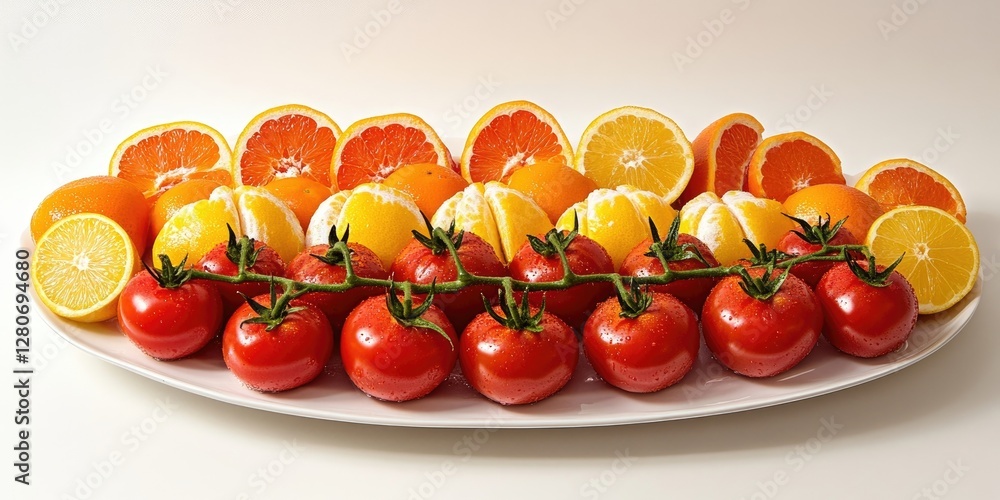 Poster vibrant array of red tomatoes and citrus fruits featuring orange lemons and grapefruits arranged on 