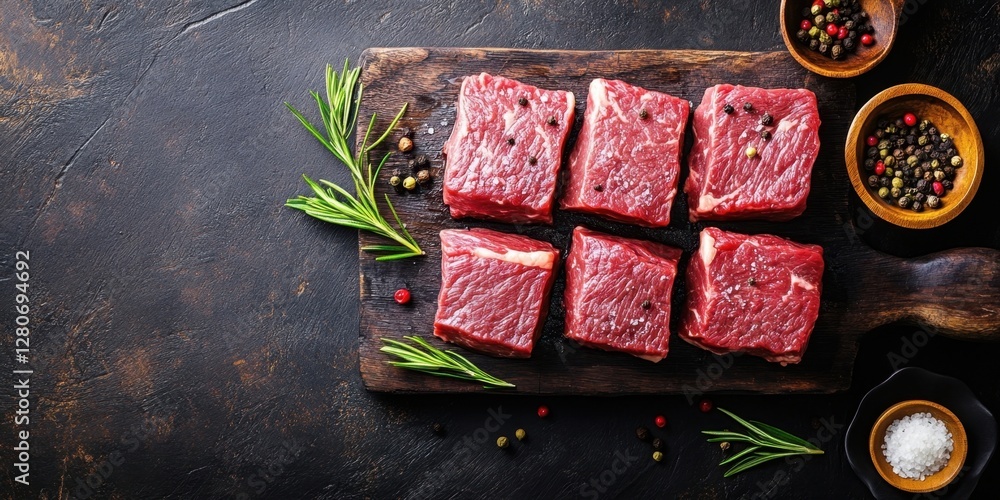 Poster fresh high-quality beef cubes arranged on a dark wooden cutting board surrounded by herbs and spices