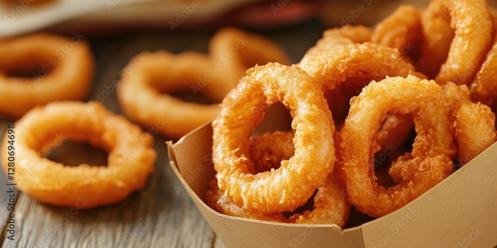 Poster Golden crispy onion rings in a brown cardboard box with a rustic wooden background, showcasing a warm color palette and inviting texture.