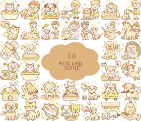 Fototapeta premium Cute pet care icons set in doodle style