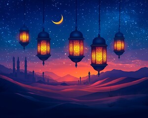 Obraz premium Desert lanterns night sky, Ramadan celebration