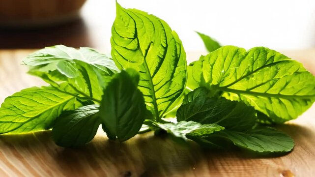 Tracking video, soft natural light, establishing scene, camera tracks along a row of fresh mint leaves scattered on a wooden cutting board, delicate veins and vibrant green color