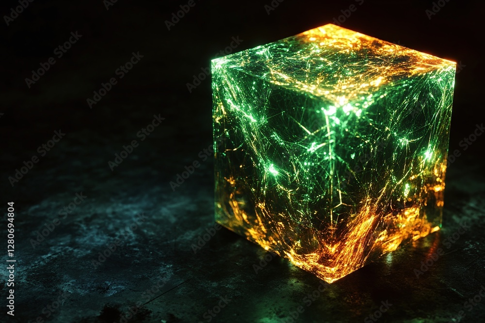 Poster glowing green and orange crystal cube with abstract light patterns on dark reflective surface