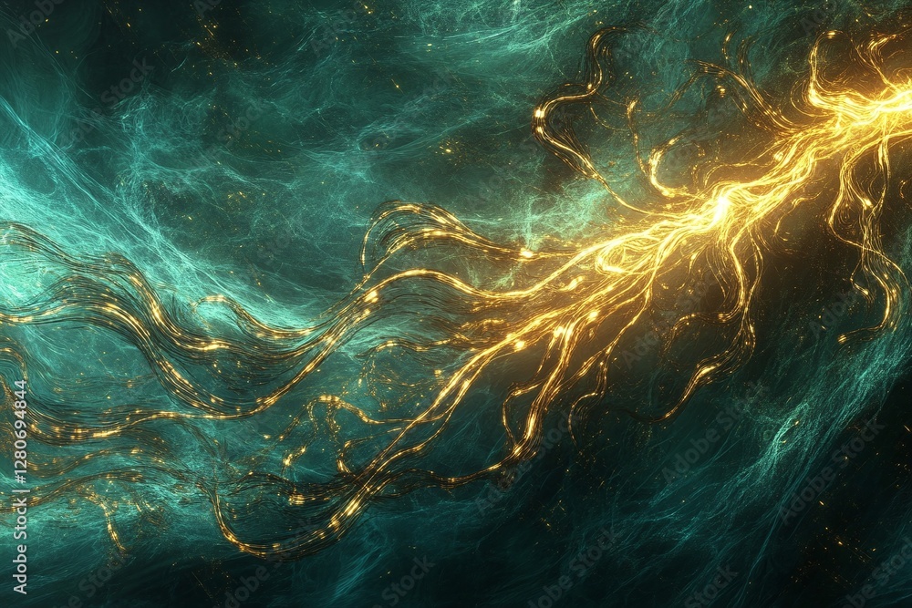 Poster abstract energy flow with glowing golden streaks on teal background for technology and science conce