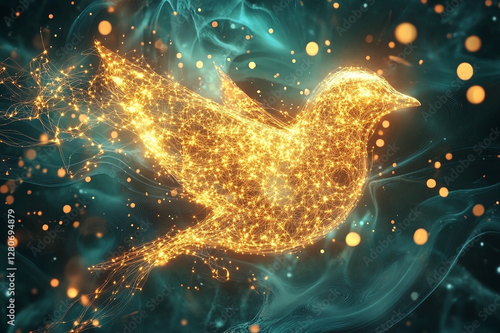 Poster glowing golden bird in with abstract blue background and floating dots of light