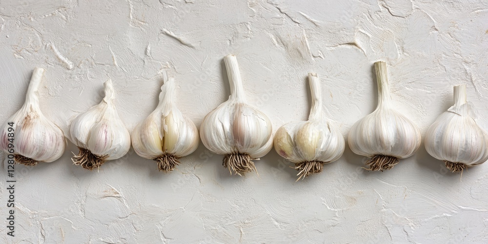 Poster flat lay of fresh white garlic arranged in a row on a textured off-white background showcasing their
