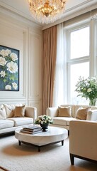 Fototapeta premium the living room of this house has a large window with beige curtains and a white couch.