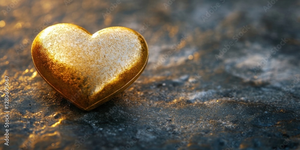 Poster golden heart resting on a textured dark surface with soft light highlighting its shimmer, positioned