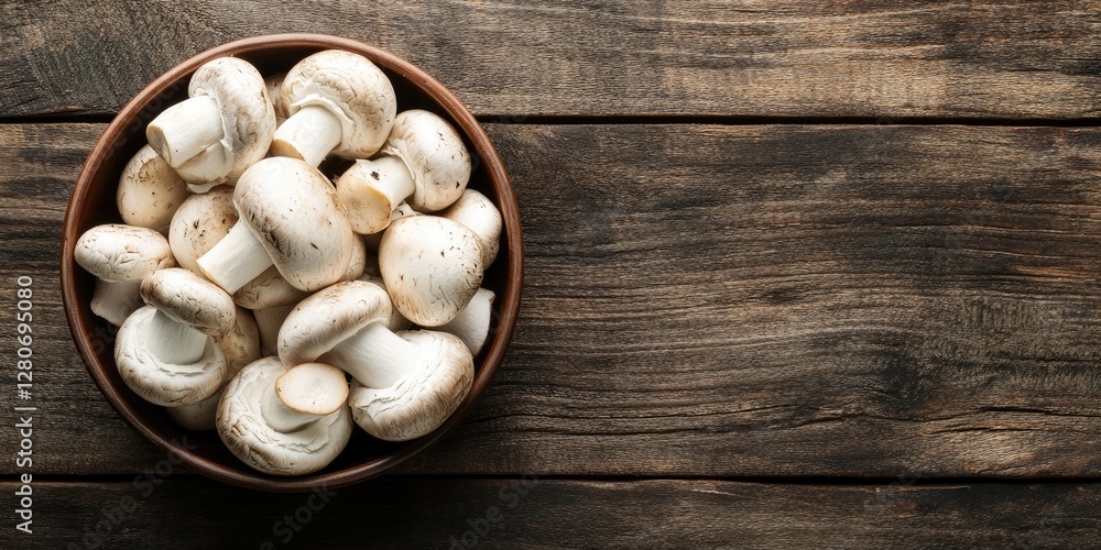 Leinwandbilder fresh white champignon mushrooms in a brown bowl centered on a rustic wooden table with ample negati