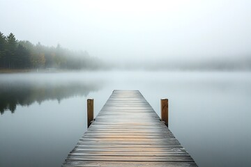 Obraz premium Wooden Dock Extending Into Calm Foggy Lake With Misty Forest Horizon In Serene Morning Light
