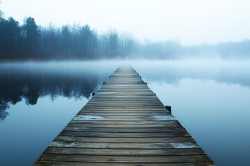 Fototapeta premium Wooden Pier Stretching Into Misty Lake Surrounded By Bare Trees And Calm Reflective Water In Winter