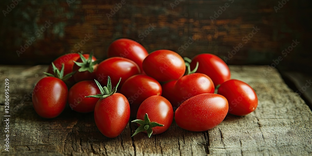 Poster fresh vibrant cherry tomatoes in various sizes scattered on a rustic wooden surface with rich brown 