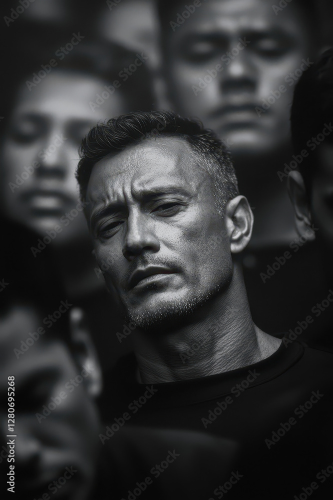 Poster exploring human emotions: a monochrome portrait capturing the depth of expression and connection wit