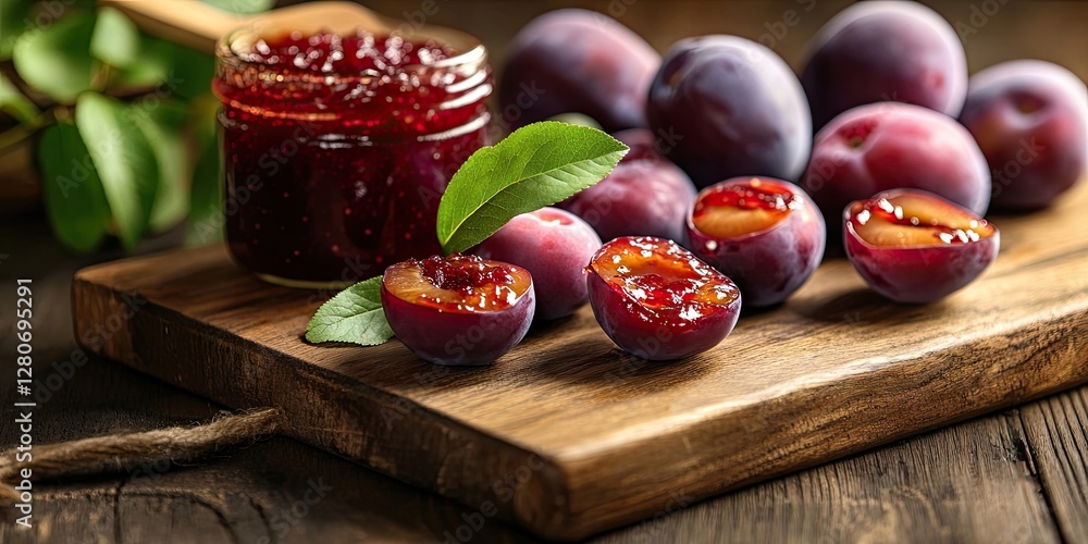 Poster fresh plums cut in half and vibrant plum jam in jar on wooden cutting board with green leaves creati