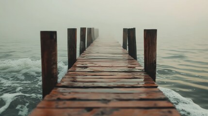Obraz premium A small wooden dock stretching into the misty morning sea, waves gently brushing against the posts