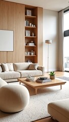 Living room with light-colored wood paneling and furniture.
