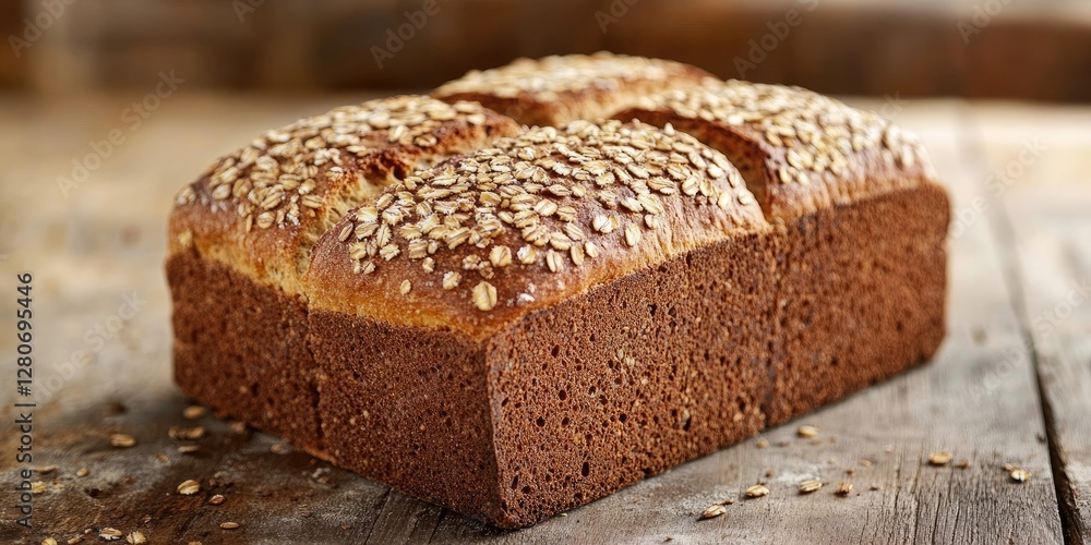 Poster Multigrain bread loaf with a golden crust and oat topping positioned on a rustic wooden table with a warm, natural background setting.