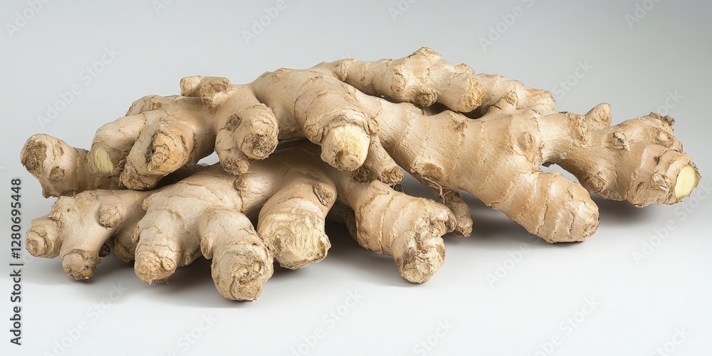 Poster fresh ginger root with textured brown surface arranged in a natural stack against a light grey backg