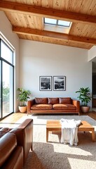 Fototapeta premium The image shows a living room with a brown leather couch and a wooden coffee table on a beige rug.