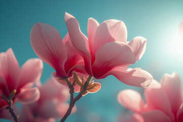 Pink magnolia flowers in full bloom, close-up with soft sunlight and blue sky